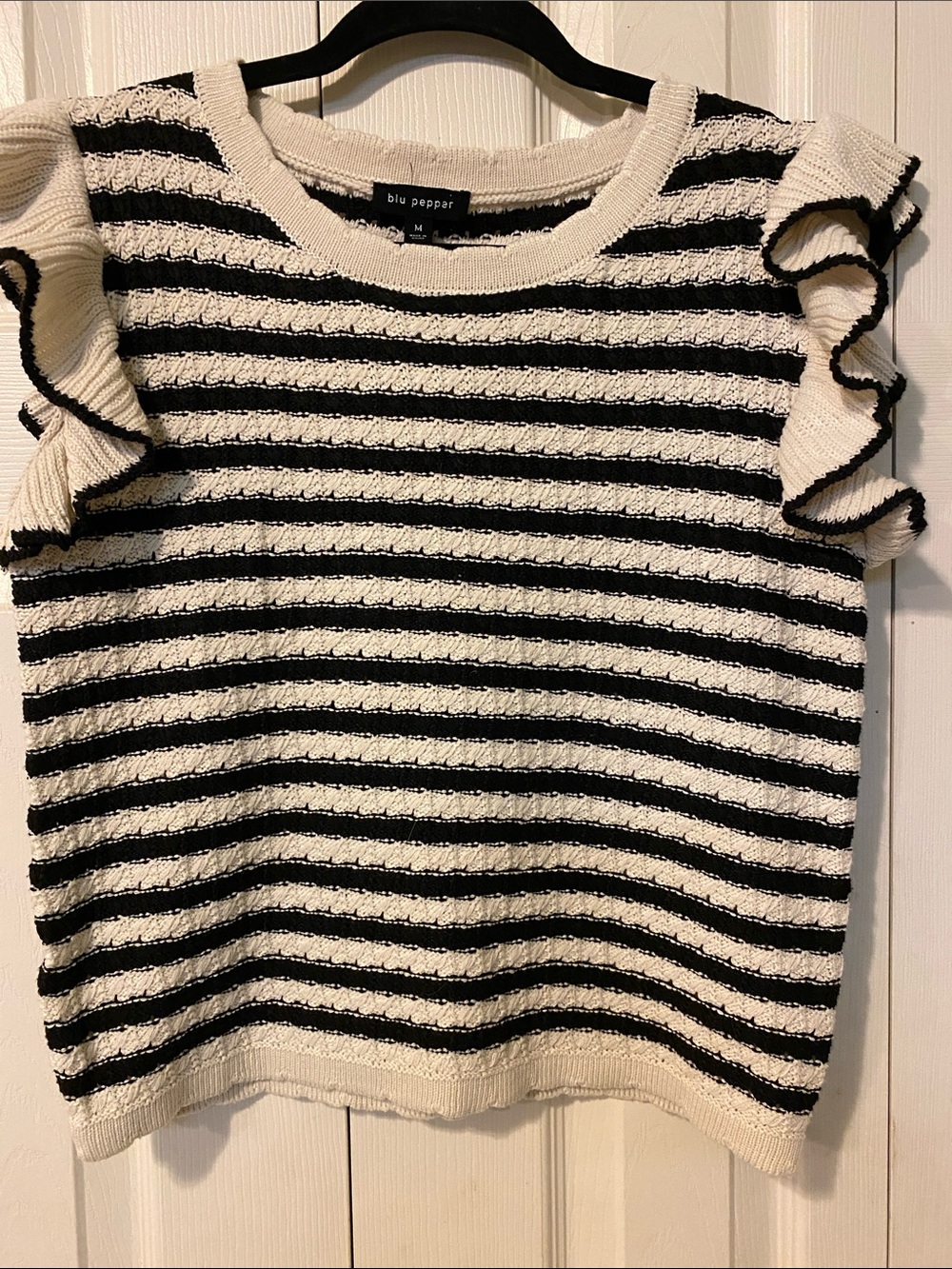 Blu Pepper Black & Cream Striped Ruffle Sleeve Sweater